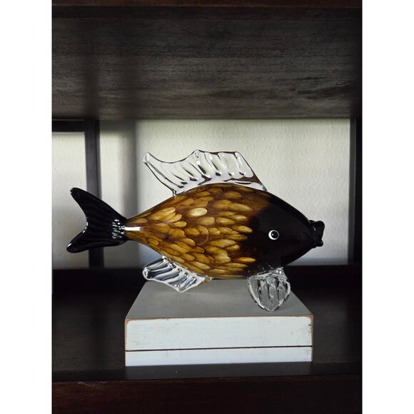 Murano Style Hand Blown Art Glass Fish Amber & Clear Sculpture 11” Vintage - Picture 1 of 10